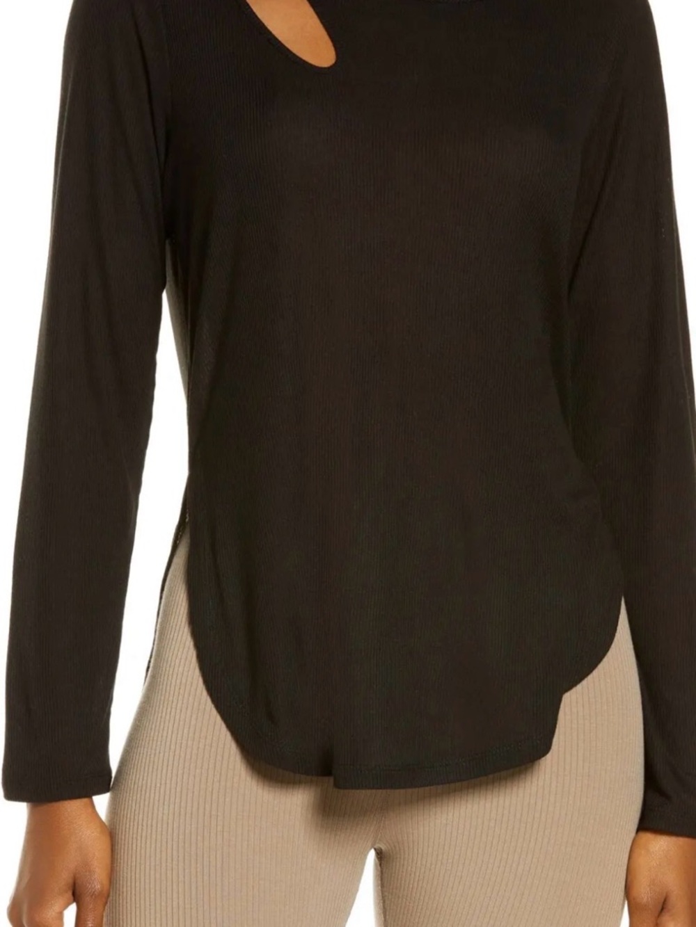 ALO Yoga Black Ribbed Long-Sleeve Top with Shoulder Cutout